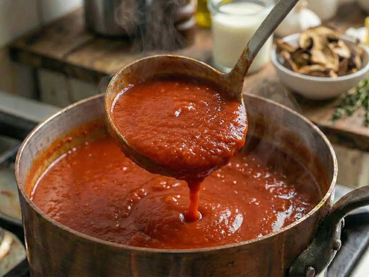 Concha servindo pomodoro de uma panela de cobre