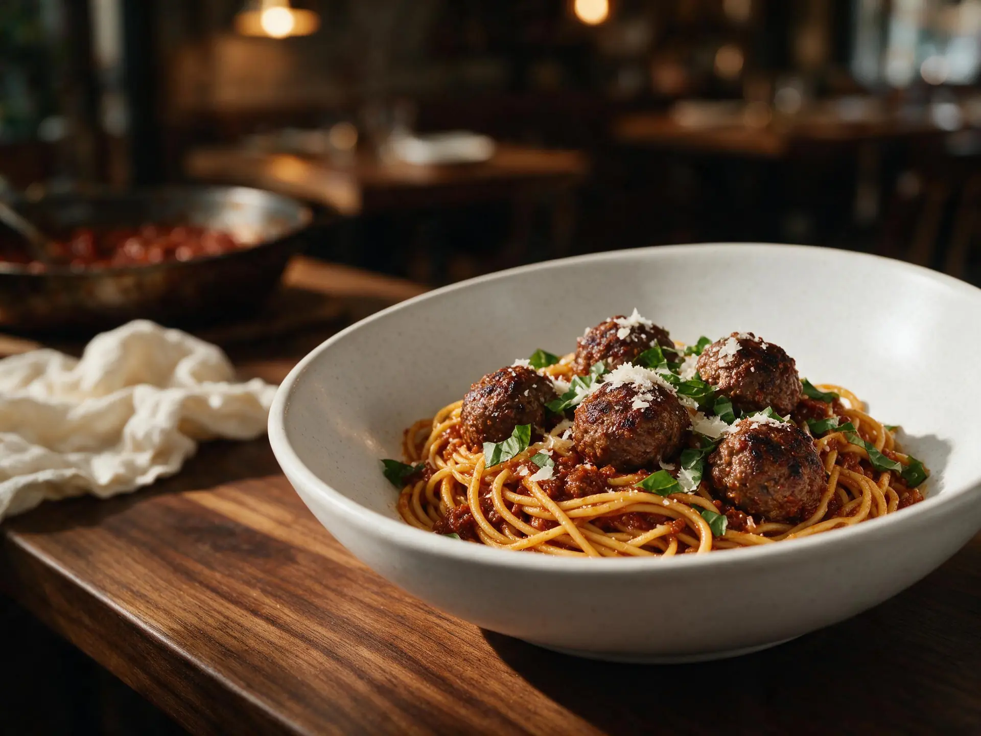 Almôndegas com spaghetti à bolonhesa, servido à mesa
