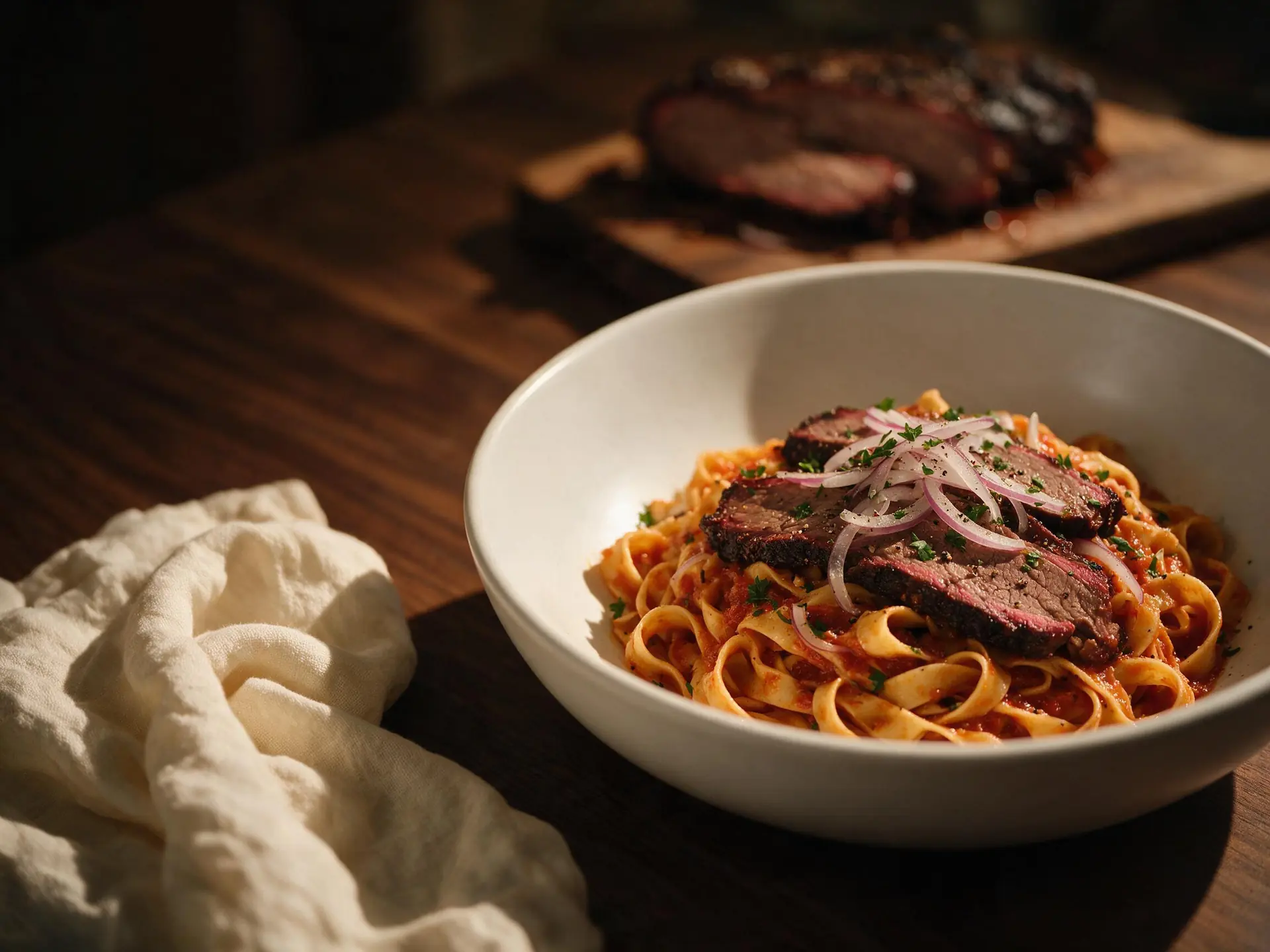 Brisket defumado com tagliatelle à tomatada, servido à mesa