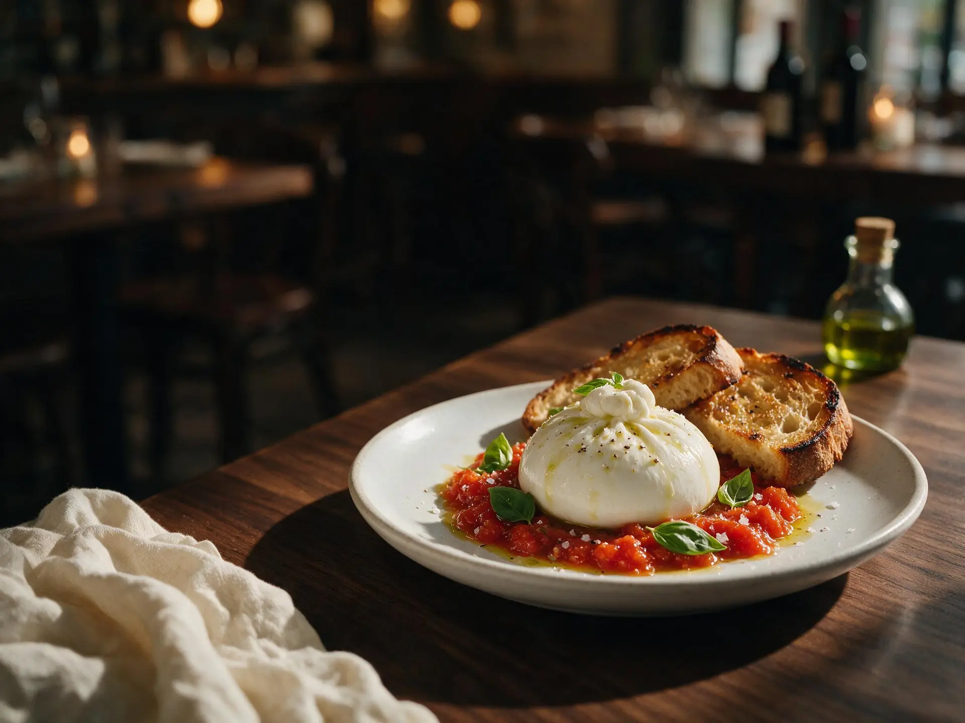 Burrata com tomatada leve, servido à mesa