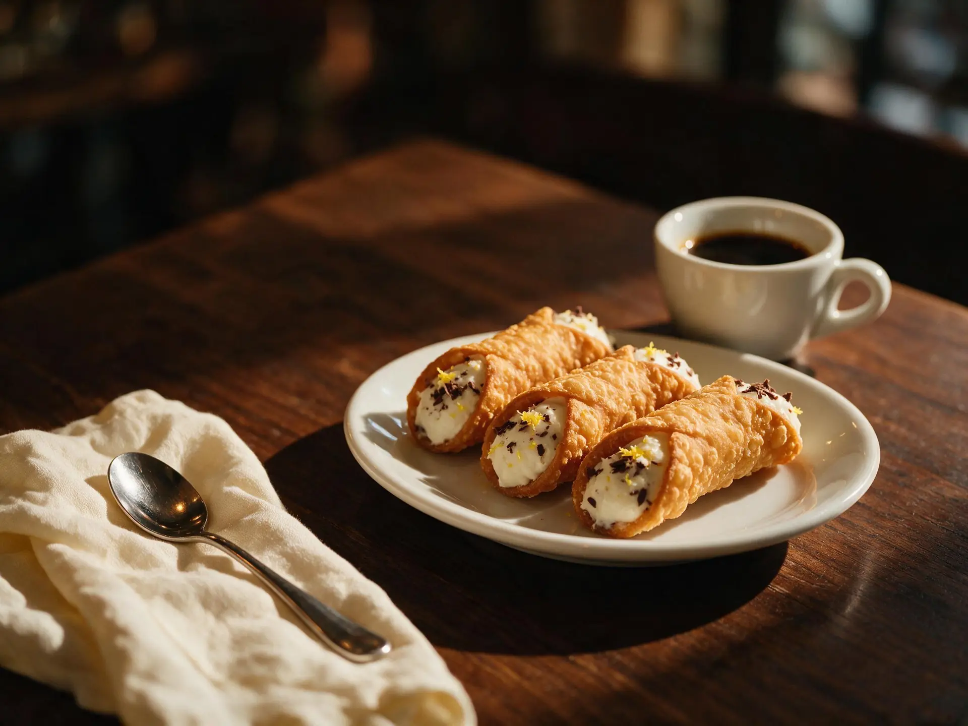 Cannoli e café, servido à mesa