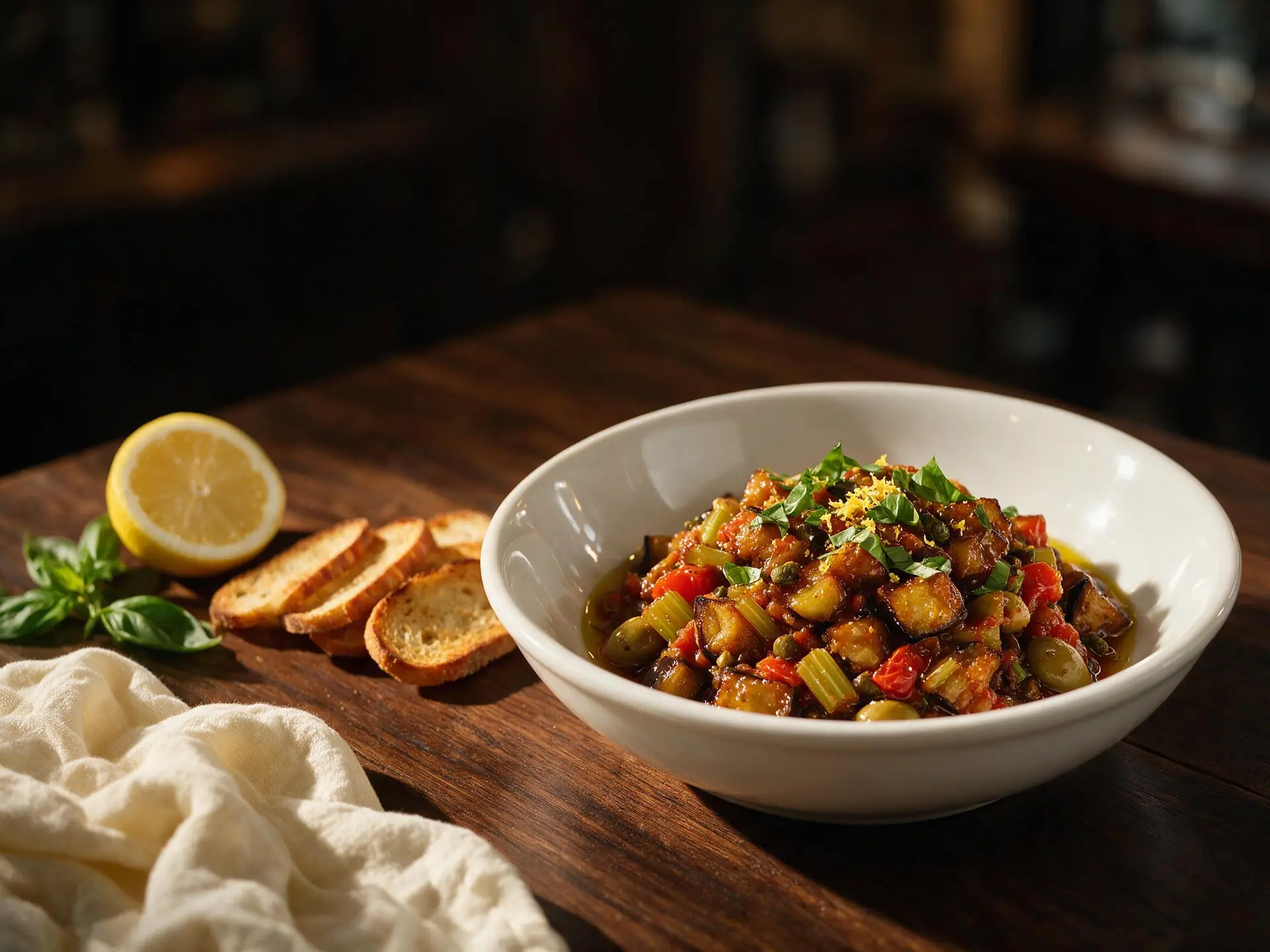 Caponata com crostini, servido à mesa