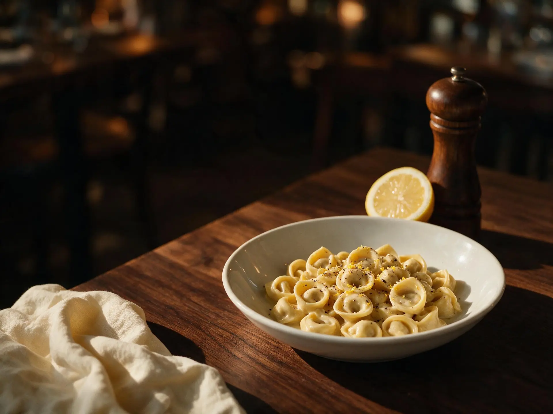 Cappelletti de queijos ao molho de queijos, servido à mesa