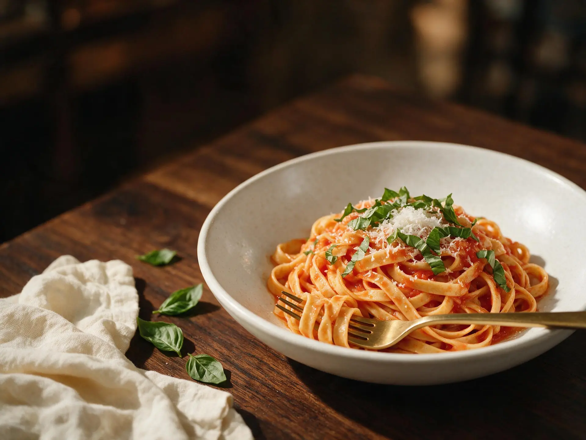 Fettuccine ao pomodoro leve, servido à mesa