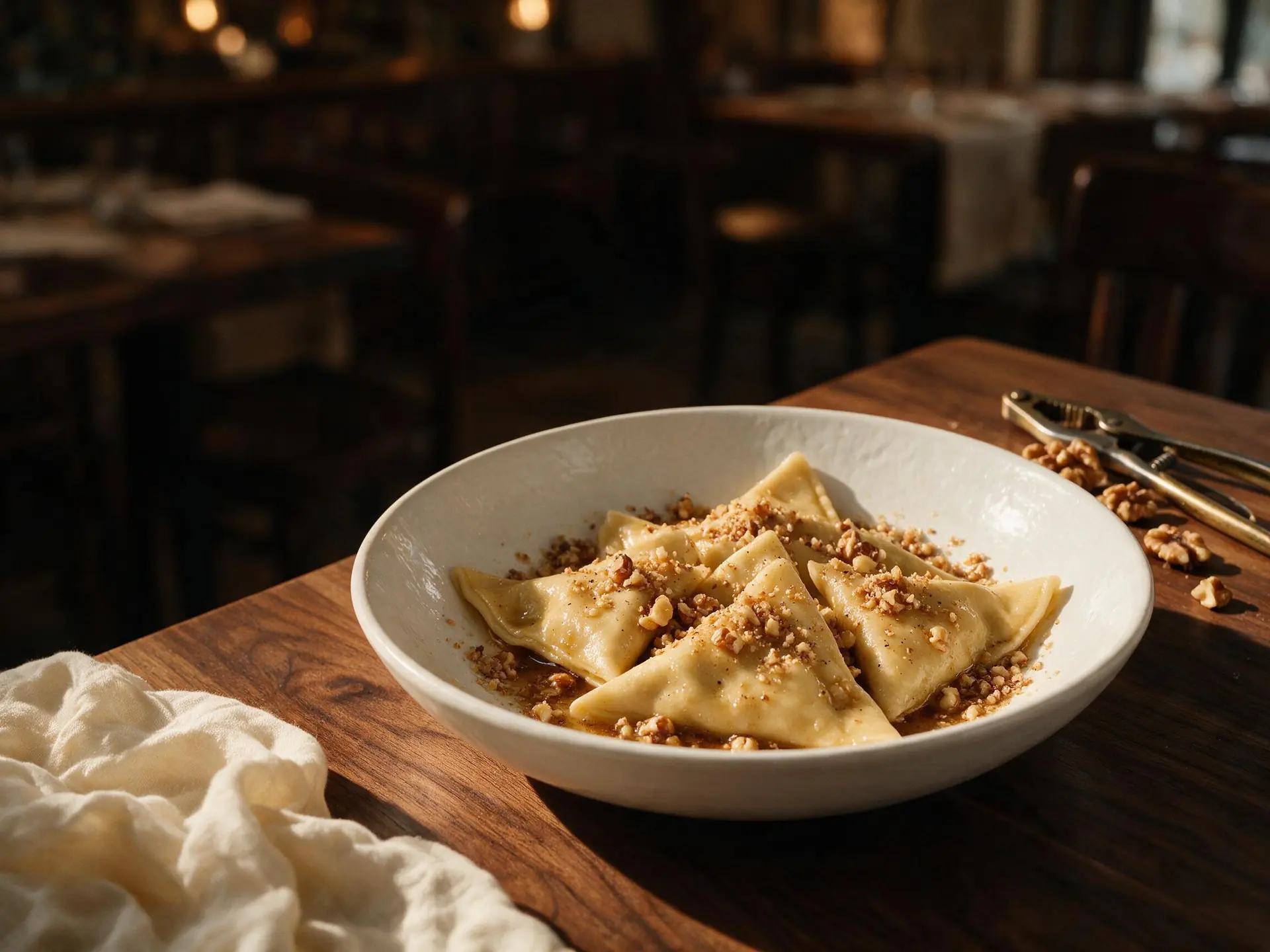Pansoti de gorgonzola com nozes, servido à mesa