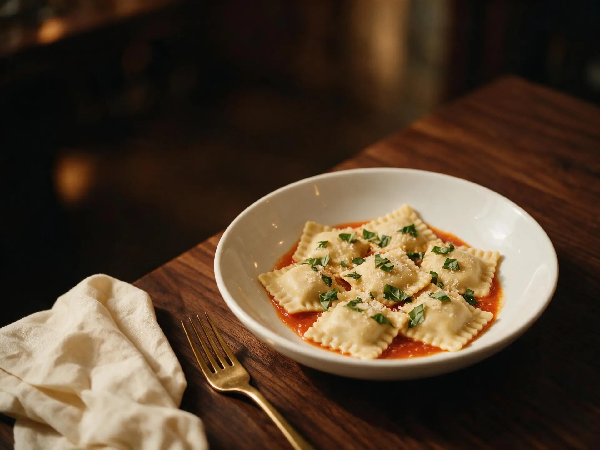 Ravioli de carne ao pomodoro leve, servido à mesa