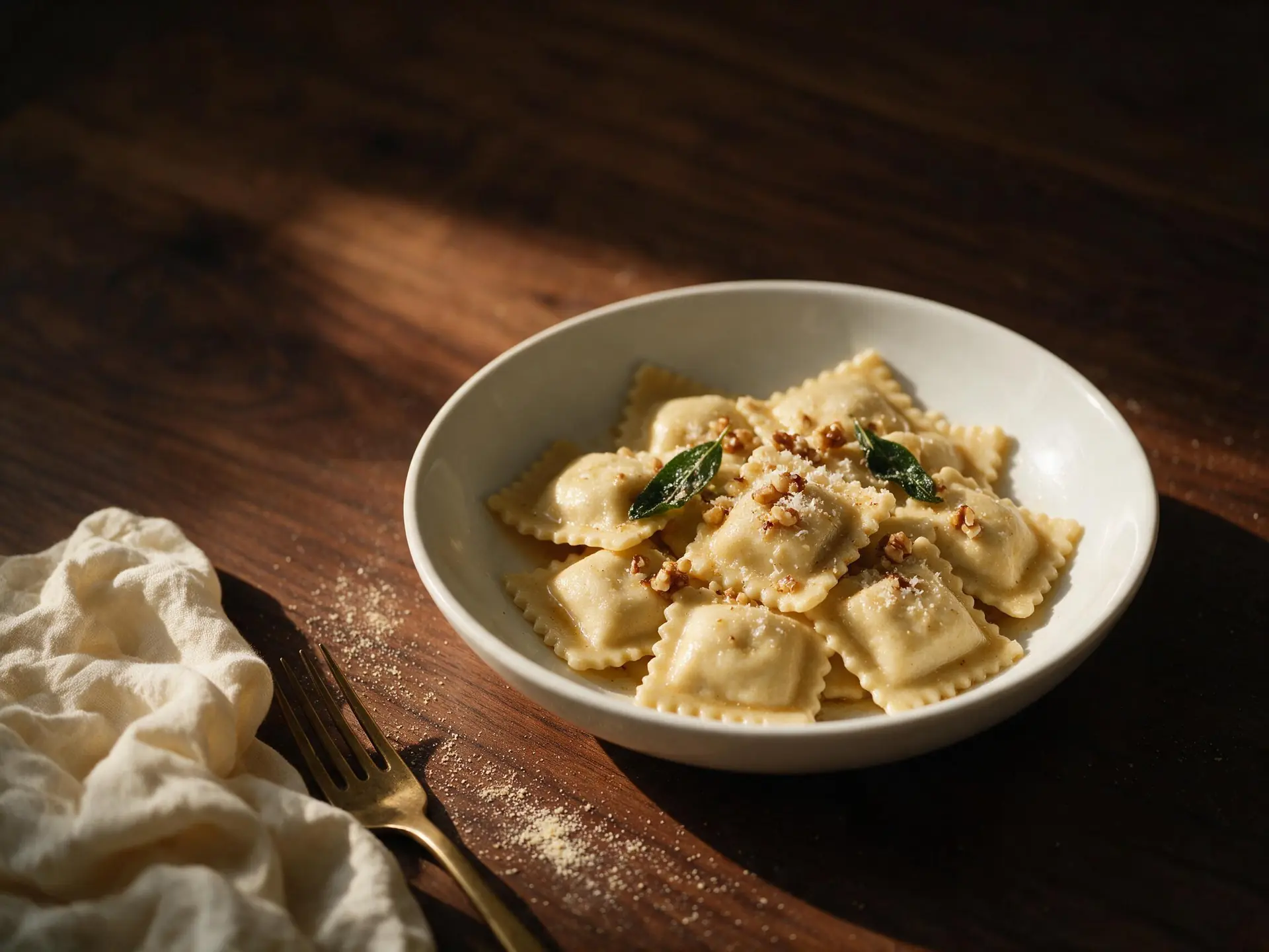 Ravioli de ricota e nozes na manteiga, servido à mesa
