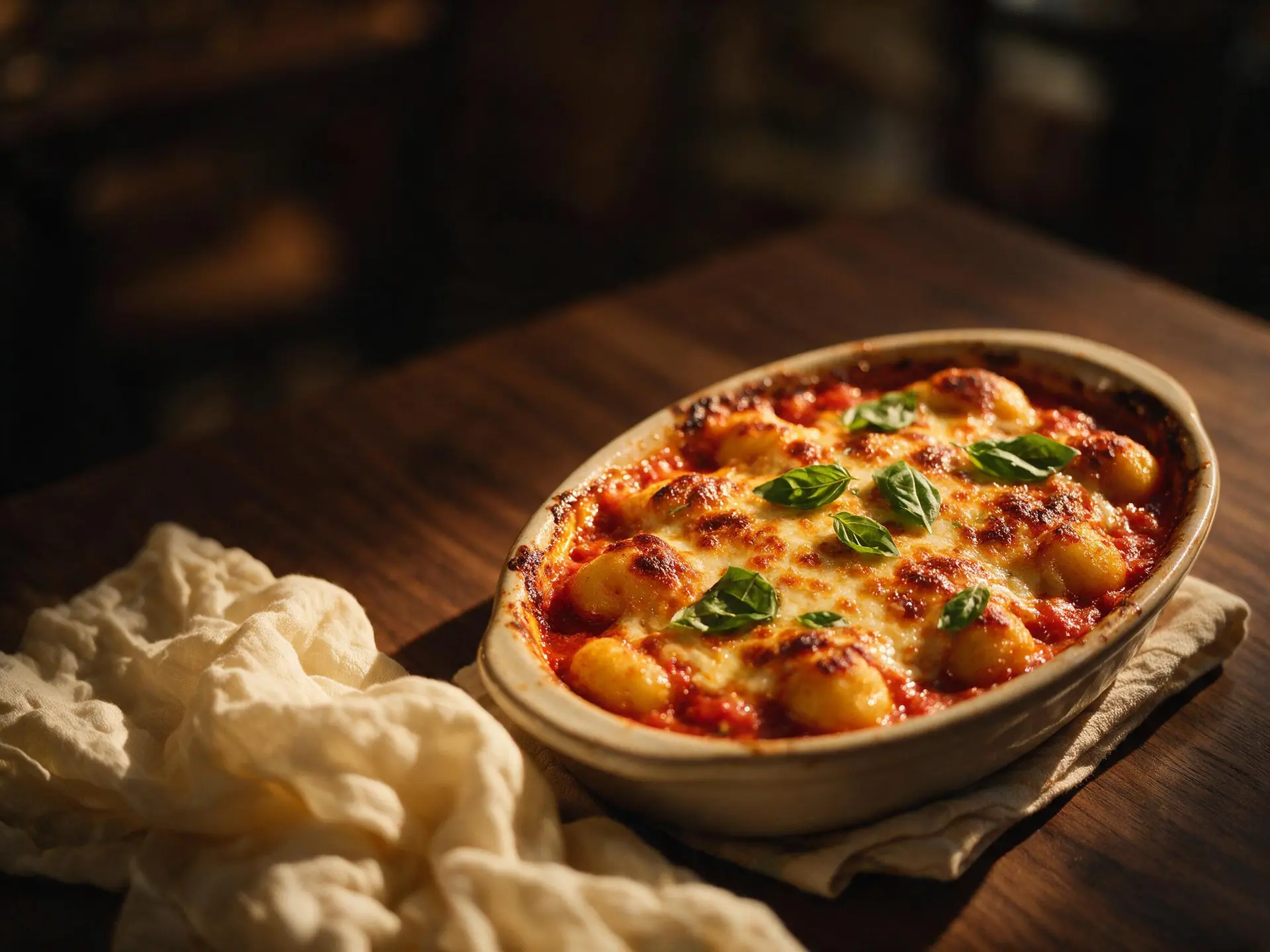 Romanito de mussarela gratinado no pomodoro, servido à mesa