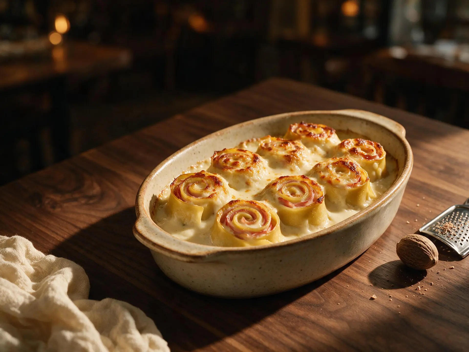 Rondelli de presunto e queijo gratinado, servido à mesa