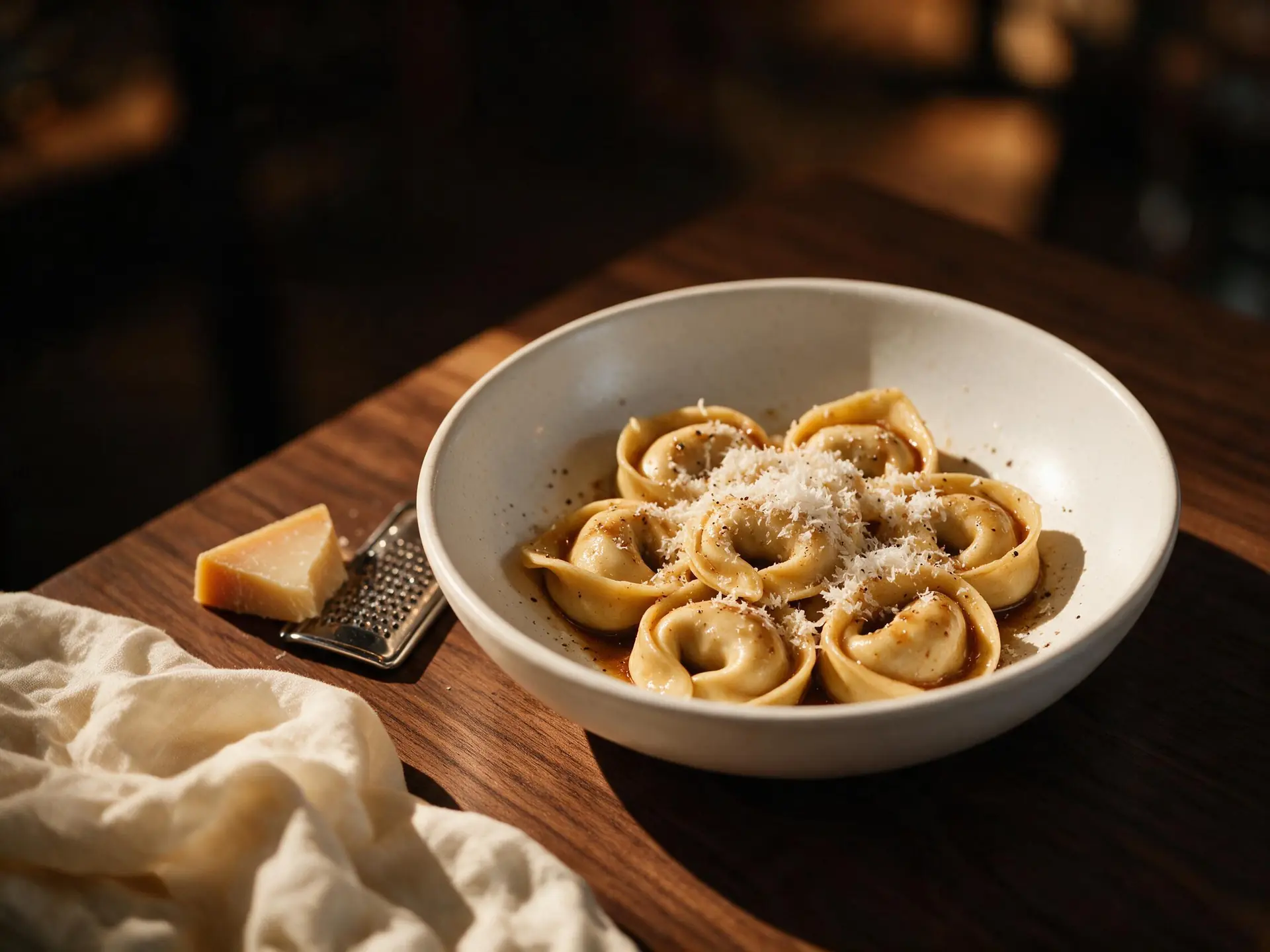 Tortelloni de prosciutto crudo e figos turcos, servido à mesa